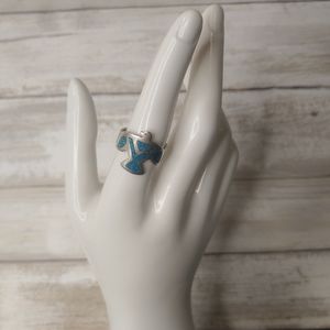 Taxco Mexico Crushed Turquoise Sterling Silver Eagle Ring